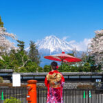 asian woman wearing japanese traditional kimono fuji mountain cherry blossom spring fujinomiya japan