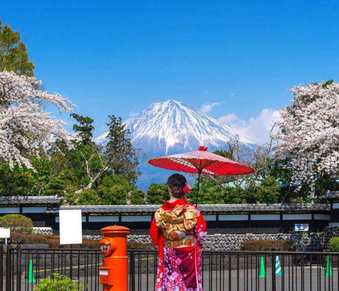 asian woman wearing japanese traditional kimono fuji mountain cherry blossom spring fujinomiya japan